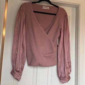 By Anthropologie Faux Wrap Satin Bell Sleeve Pullover V Neck Top Sweater XL NWT